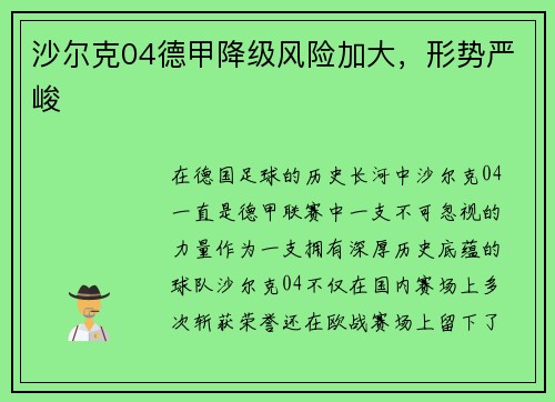 沙尔克04德甲降级风险加大，形势严峻