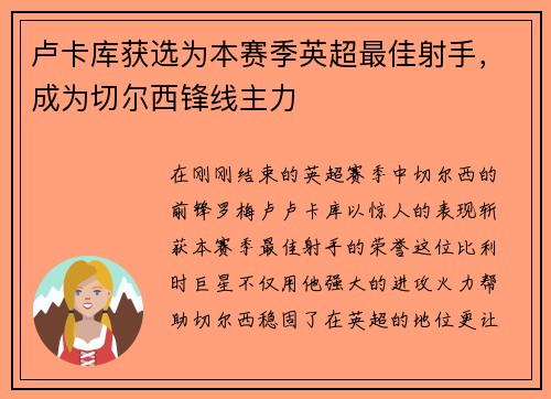 卢卡库获选为本赛季英超最佳射手，成为切尔西锋线主力